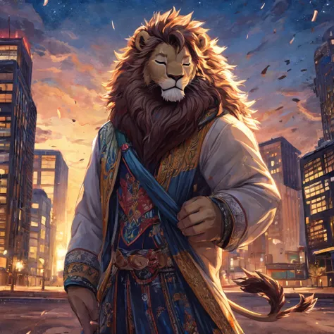 masterpiece, Alone, (anthropomorphic lion, young, hair Mane), I wore a (white), pose, Eyes closed, wind, Windy, park background, Evening, low lighting, streetlight, buildings behind.