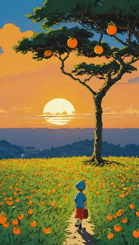 (Minimalism:1.4), Draw a simple Tintin style art of a boy tree with orange fruits at sunset, clouds , studio ghibli art, miyazaki,  , Makoto Shinkai!!, anime movie background best quality best of SeaArt HD
