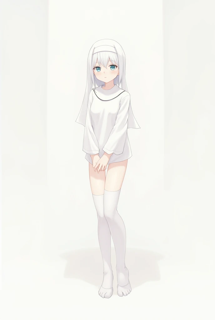 Anime female 1. White short hair. Blue eyes. white Nun outfit little black line. White stocking. Shy. Cute. Astride.