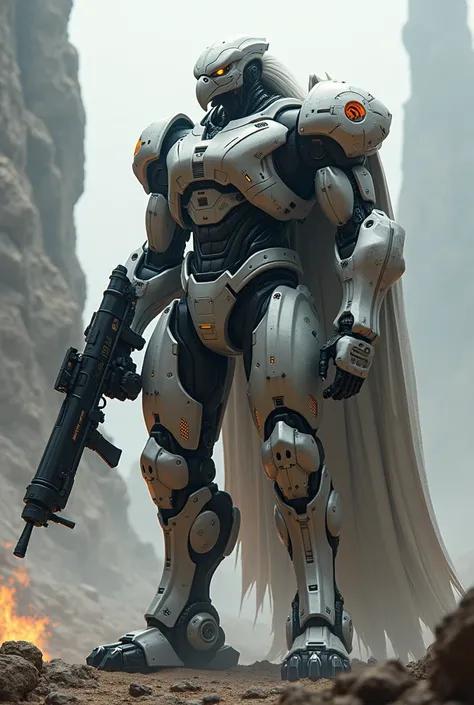 Create pure Sniper scene, In the center, full-length, a futuristic robot sniper in an eagle suit with many light indicators without a helmet on his face, marvel super hero style