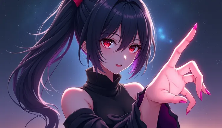 cute anime art style, female character, black semi short hair degraded to purple with white glowing tips with a long ponytail extension, red evil eyes, dark sclera, pale skin, supremacy pose from the bottom, black dress, extending the hand like it will tak...