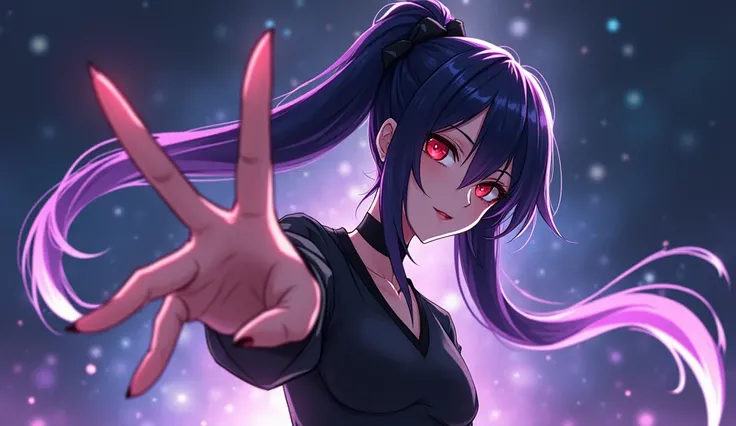 cute anime art style, female character, black semi short hair degraded to purple with white glowing tips with a long ponytail extension, red evil eyes, dark sclera, pale skin, supremacy pose from the bottom, black dress, extending the hand like it will tak...