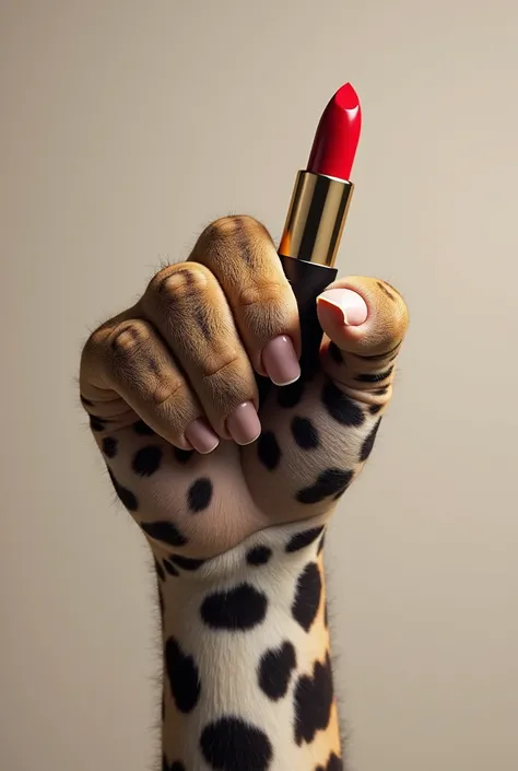 Real animal jaguar paw holding a lipstick