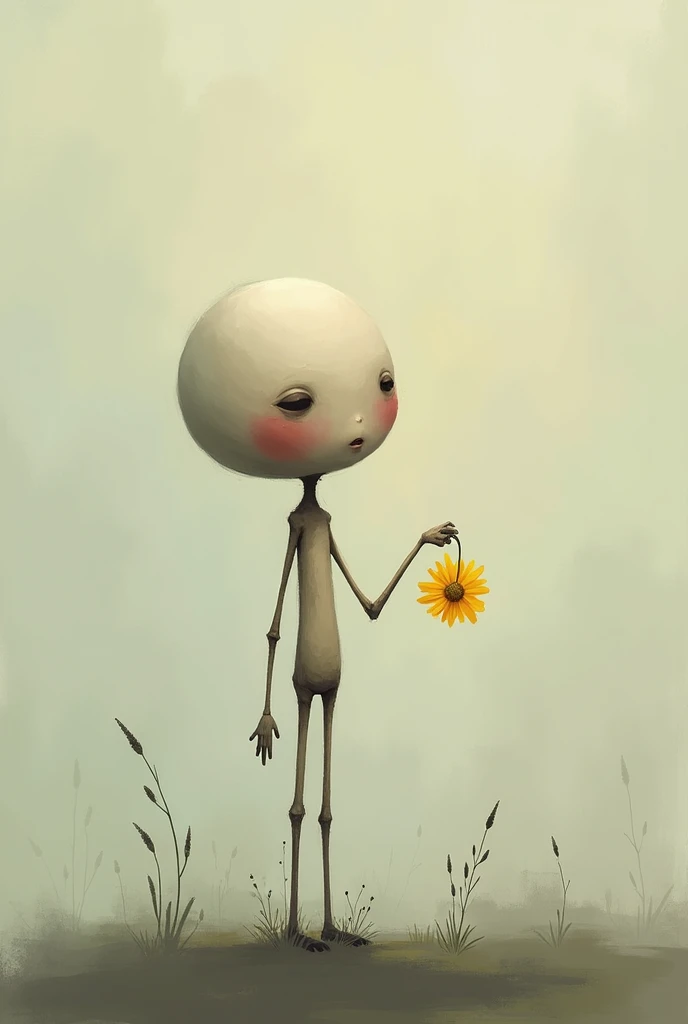 stickthing giving yellow flower, look down with sorrow, slight blush