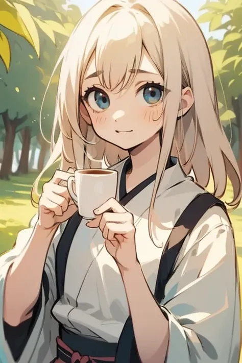 a young girl is holding a coffee cup in her hand, girl cute beautiful face, cute natural anime face, with a cute - lovely - face...