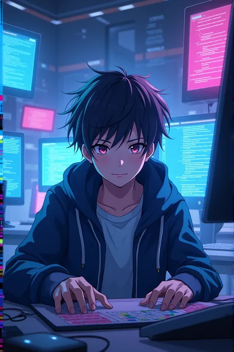 "An anime scene showing a young hacker in a futuristic room lit by computer screens. The character is surrounded by multiple monitors displaying social networks, maps, and anime style graphics, representing the collection of information from open sources (...