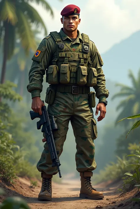 Brazilian army paratrooper soldier with maroon beret and brown anime boots