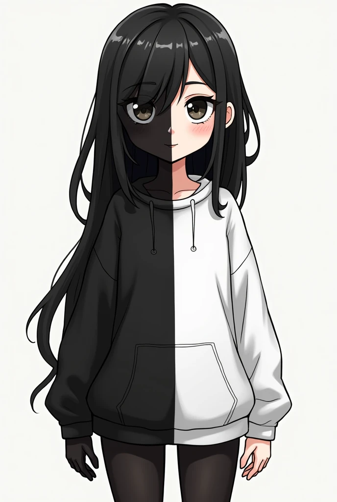 Female Cartoon Character Half black and half white eyes Half black and half white hair Half black and half white body Half black sweatshirt.