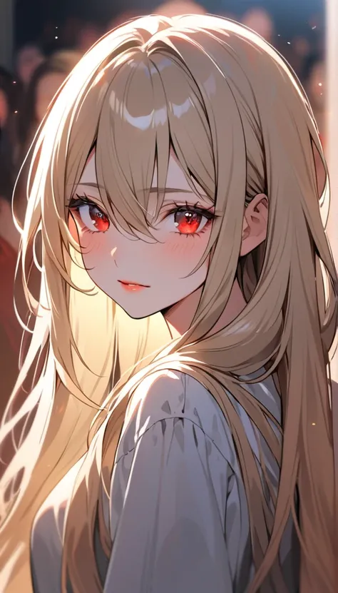 Single, high resolution, Long hair, Look at the audience, blond, Bangs between eyes, Very long hair, Lips slightly open, Flowering, Background blur, Backlight, Light blush, The whole face turns red, Strong emotions flashing in the eyes, Side of the charact...