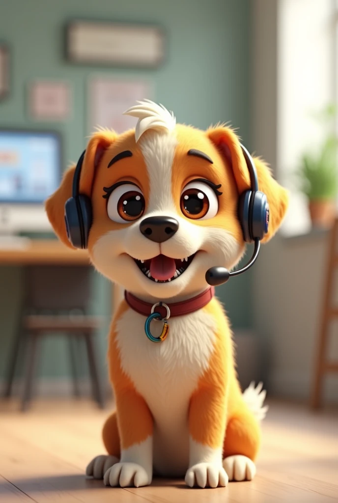 Cute Pixar model dog with bright eyes smiling with headset model in a customer service 