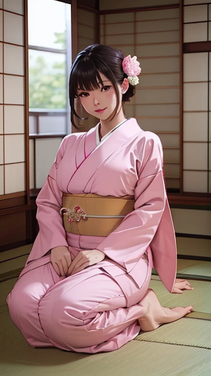 ((Best Quality)), ((masterpiece)), (detailed),Perfect Anatomy 1.5,Natural Light,Steam 1.3,Sweat all over the body,(((Full-body shot of a childlike woman on a tatami mat in a ryokan,Blushing and so cute))),Woman with long, supple black hair,Shiny hair,((Bes...