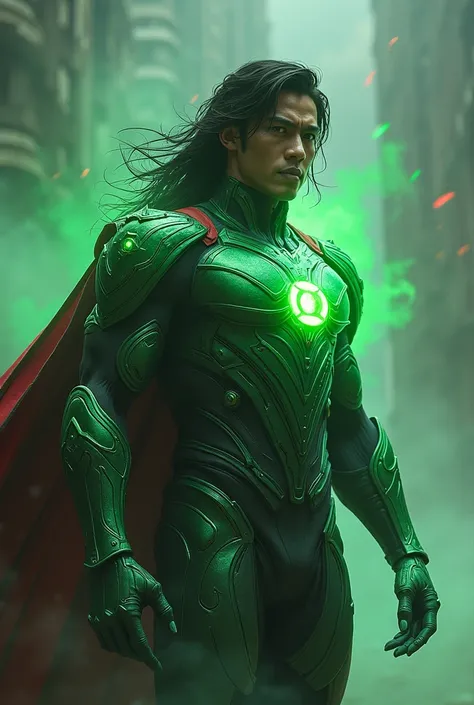 a future demi-god, green lantern mech Armor and capes, javanese male, highly detailed portrait, dramatic lighting, cinematic composition, intricate ornate armor, glowing ethereal aura, powerful godlike presence, piercing gaze, chiseled facial features, flo...