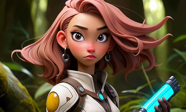 cute yuna (age 25, sexy sci fi explorers outfit, many gadgets and laser weapons) exploring an alien forest and ruins with eldritch markings, strange vicious alien creatures stalk her
