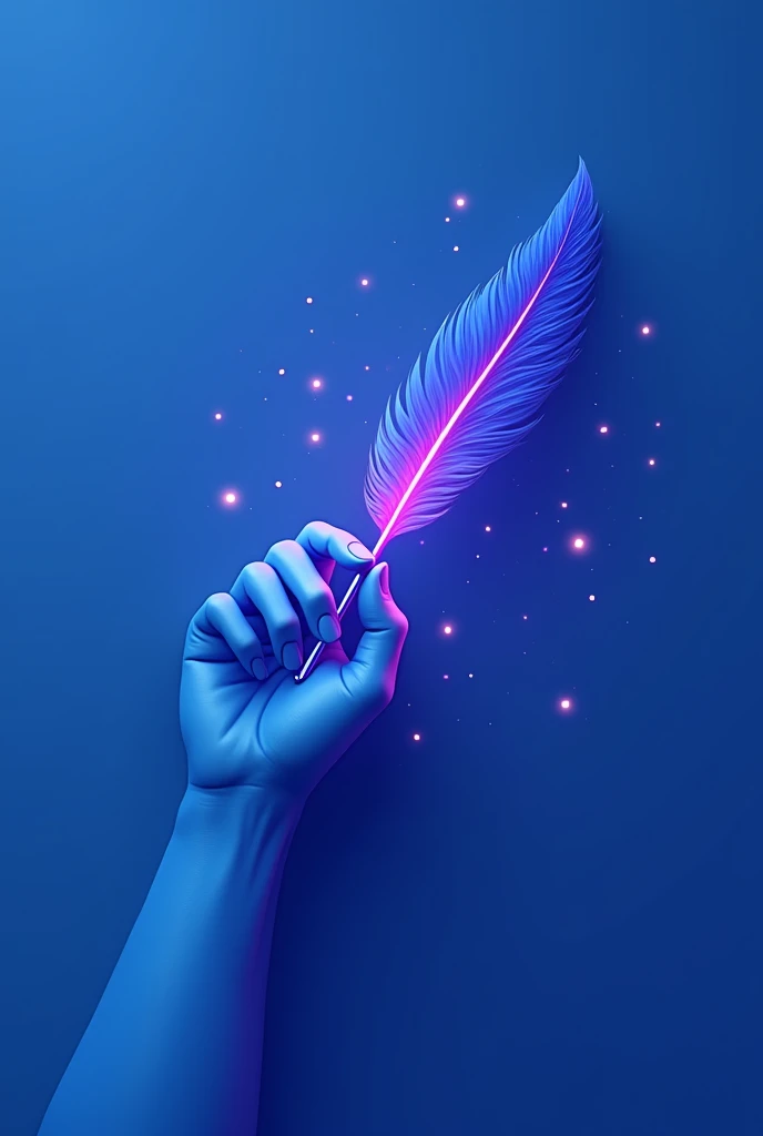 Create a logo in a 1:1 format depicting a hand holding a stylized digital quill, symbolizing the merging of human creativity with artificial intelligence. The quill has a futuristic design, and the hand appears to be drawing or creating in the air. Use cob...