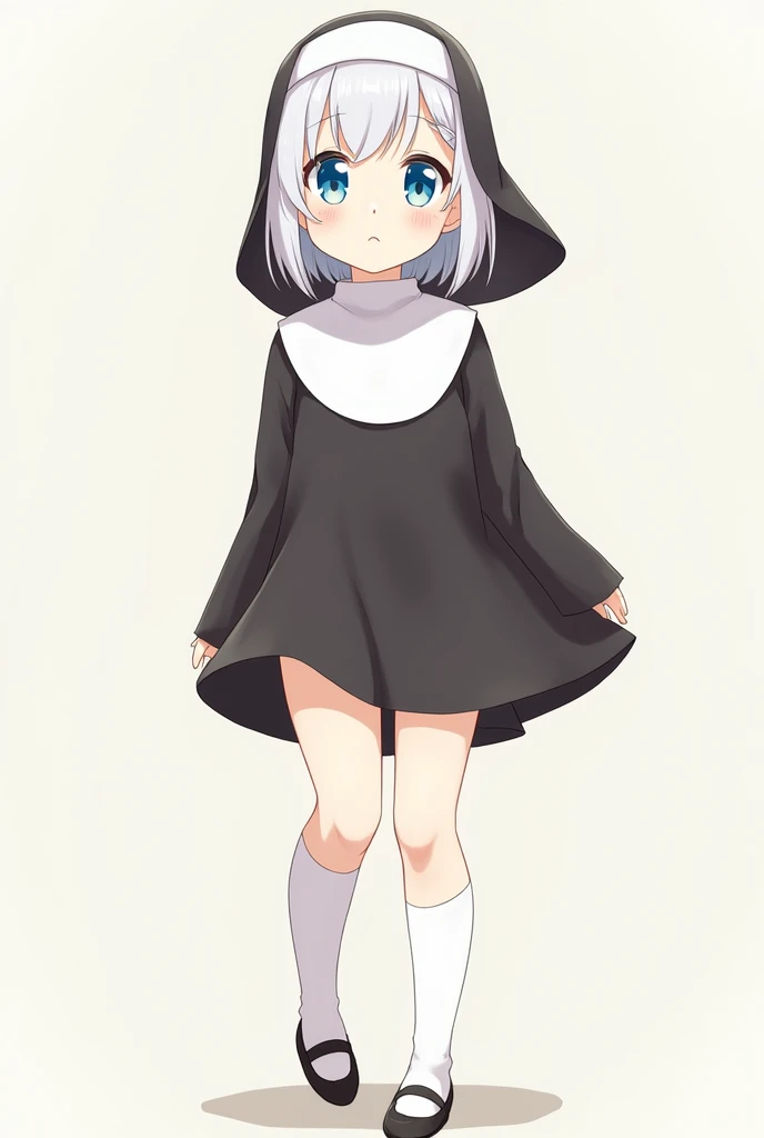 Anime. female. 20 years old. White short hair. Blue eyes. Nun outfit. White stocking. Shy. Cute. Thighs. Arms.