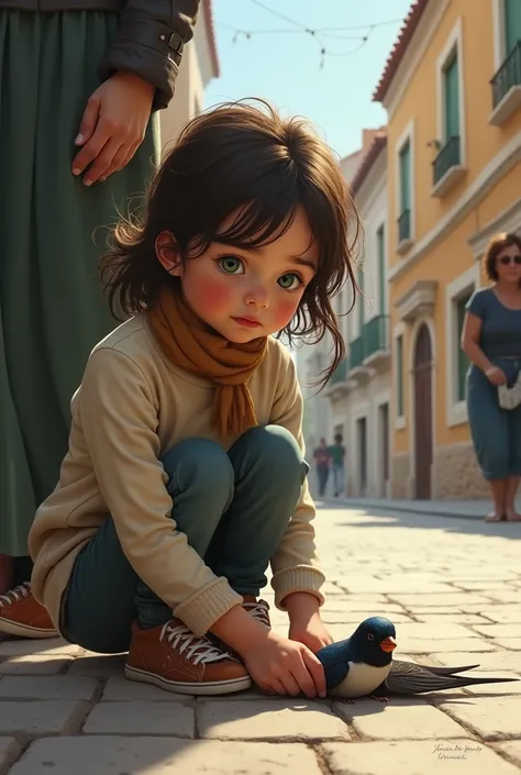 little girl with green eyes with her mother, on the street, Spain, found dead swallow on the ground, girl helping the swallow,  taking care of swallow, mother near  worried face, swallow is dead