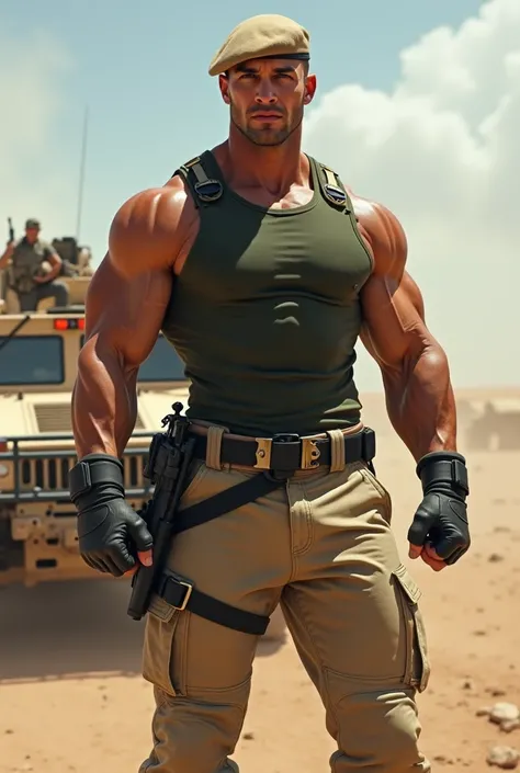 A very handsome big muscular man wearing a soldier combat uniform, tight shirt, tactical gloves and beige beret, shirt with rolled up sleeves, background a desert battlefield with a Humvee military vehicle, dynamic pose, alpha male, Chad, huge bulge in tro...