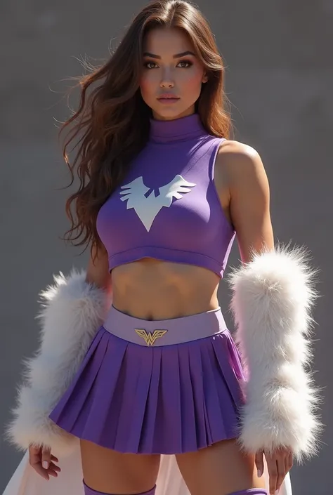 Create a realistic image of a female superheroine who has light skin, is tall, with long, wavy, loose brown hair, brown eyes, a small nose, and a costume that includes a short violet shirt down to her belly button, a pleated violet skirt with long, white, ...