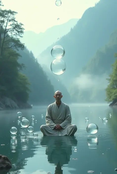 Chinese monk floating in a middle of a lake with glass balls floating around him