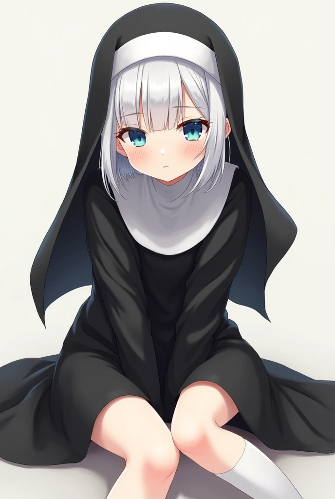 Anime. female. 20 years old. Teenage. White short hair. Blue eyes. Black Nun outfit. White stocking. Shy. Cute. Thighs. Arms. Detail.