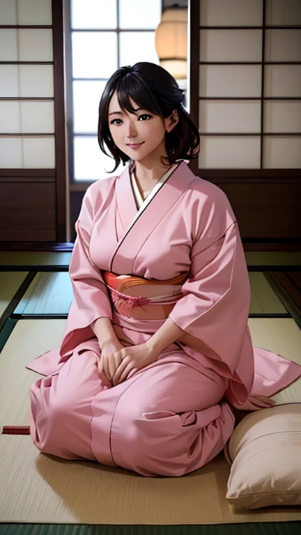 ((Best Quality)), ((masterpiece)), (detailed),Perfect Anatomy 1.5,Natural Light,Steam 1.3,Sweat all over the body,(((Full-body shot of a childlike woman on a tatami mat in a ryokan,Blushing and so cute))),Woman with long, supple black hair,Shiny hair,((Bes...