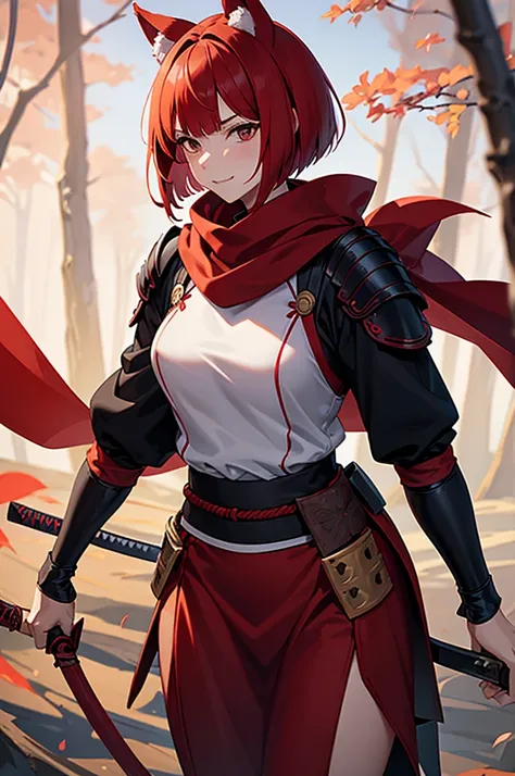 Anime, adult woman with wolf ears, red hair, bob cut hair, tall, subtle gentle smile, carefree, muscular woman, samurai  warrior, armor, well covered with clothes, red japanese clothes, katana in sheet, red scarf, adventurer, forest background, best qualit...