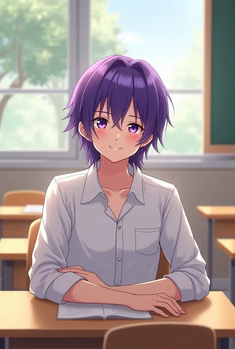 A male high school student with purple hair is sitting in a classroom wearing a , smiling.