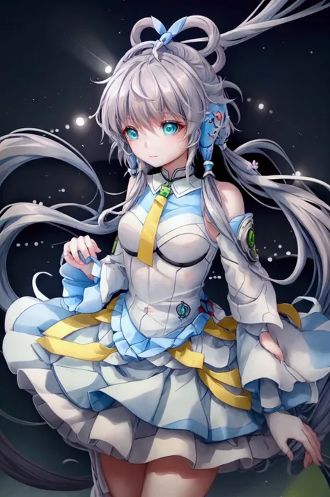 Let Luo Tianyi stand on the underground platform of Taipei Railway Station。Luo Tianyi&#39;s eyes are green, her gray-blue hair is tied in a knot, the knot on her chest is yellow, her skirt and clothes are light blue, and there happens to be a high-speed tr...