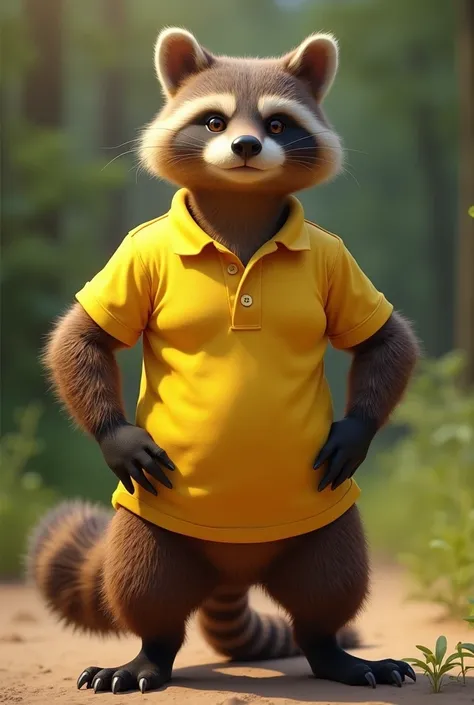 A muscular coati wearing a yellow polo shirt