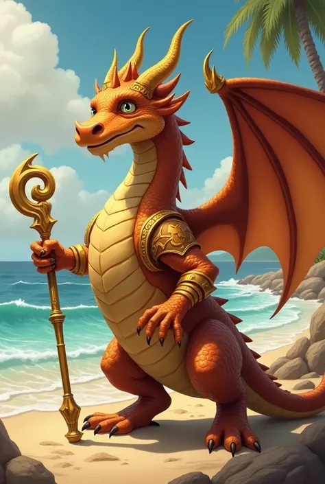 Strong and friendly bronze colored dragon, with light armor ,without wings and tail, with a golden staff on the coast 