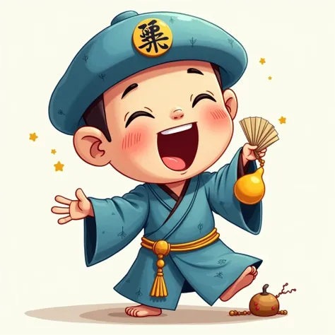 A cute cartoon character inspired by Ji Gong, the legendary Chinese monk. He wears a simple, patched blue monk robe and a distinctive round blue hat with the word 佛 (Buddha) on the front. His appearance is relaxed and a bit scruffy, with slightly messy hai...