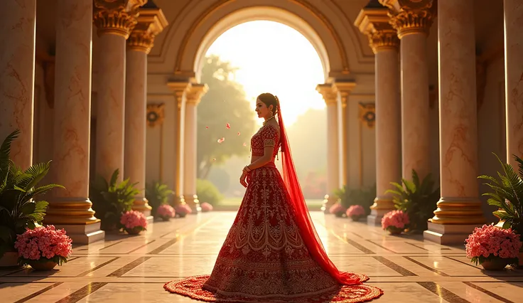 A stunning Indian bride in an elaborate red and gold lehenga, adorned with traditional jewelry, standing in the middle of a grand royal palace. The palace features towering marble pillars, intricate gold decorations, and vibrant floral garlands. Behind her...