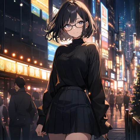 1 girl, short hair, glasses, black clothes, skirt, light smile, city at night, Lights, High Quality 