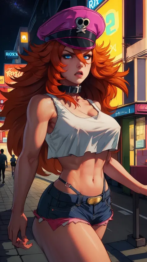 roxy,orange hair,blue eyes,long hair,white crop top,collar,short shorts, peaked cap, upper body,walking, nice shoes,looking at viewer, night,neon lights,streets, (insanely detailed, masterpiece, best quality),solo