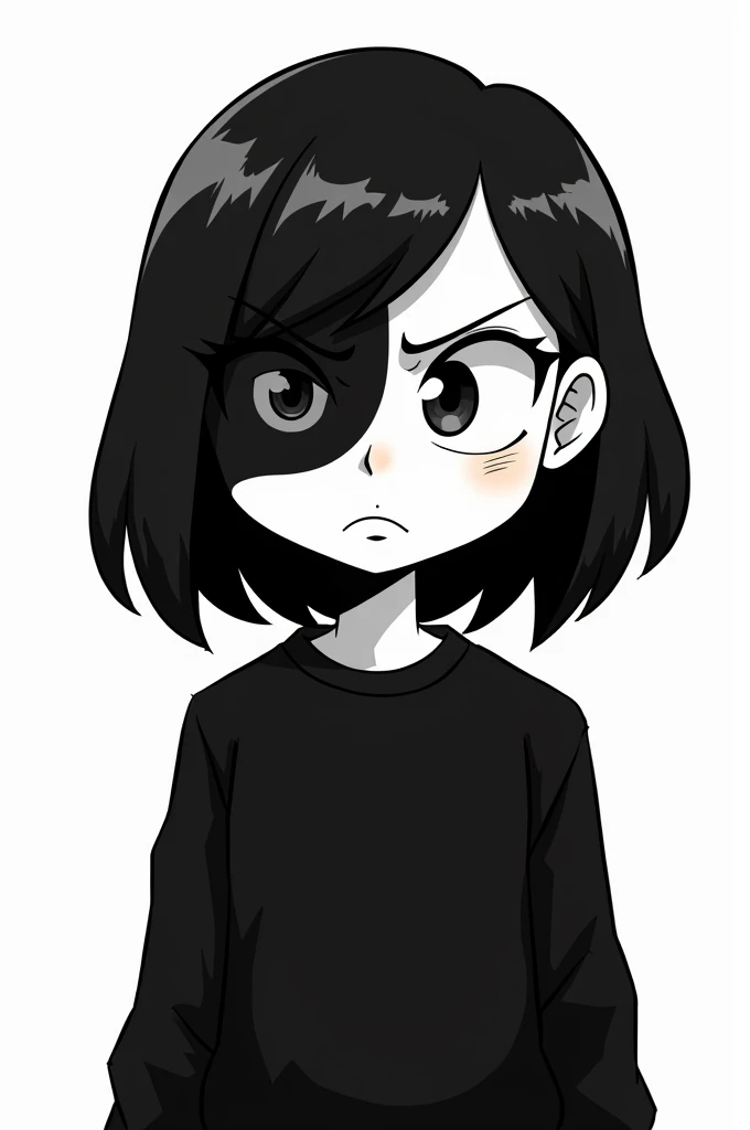 Female Cartoon Character Black and White Eyes and Half Black and Half White Hair Black Sweatshirt Angry White Background
