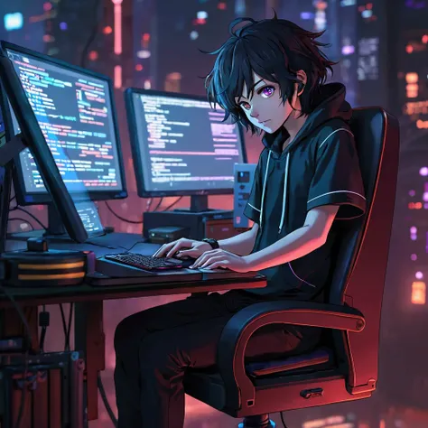 "An anime scene showing a young hacker in a futuristic room lit by computer screens. The character is surrounded by multiple monitors displaying social networks, maps, and anime style graphics, representing the collection of information from open sources (...