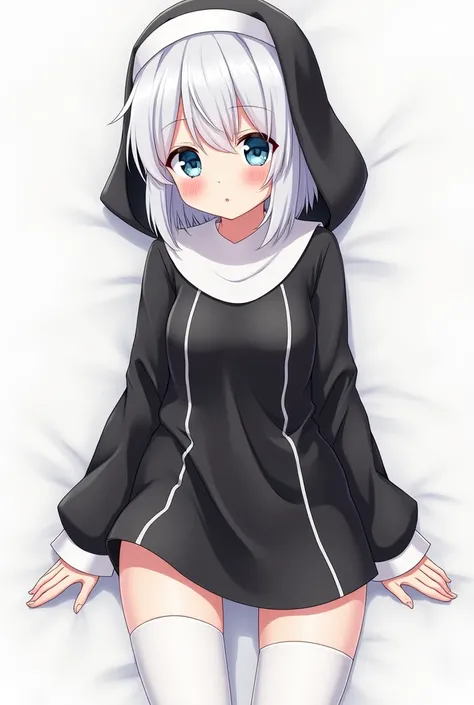 Anime. female. 20 years old. Teenage. White short hair. Blue eyes. Black Nun outfit. White stocking. Shy. Cute. Thighs. Arms. Stomach. White line on clothes.