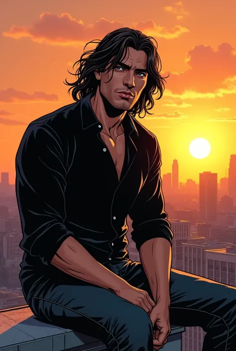 Create a comic book style image of a white man, with relatively long dark brown hair, with a black shirt and jeans sitting on top of a building at sunset