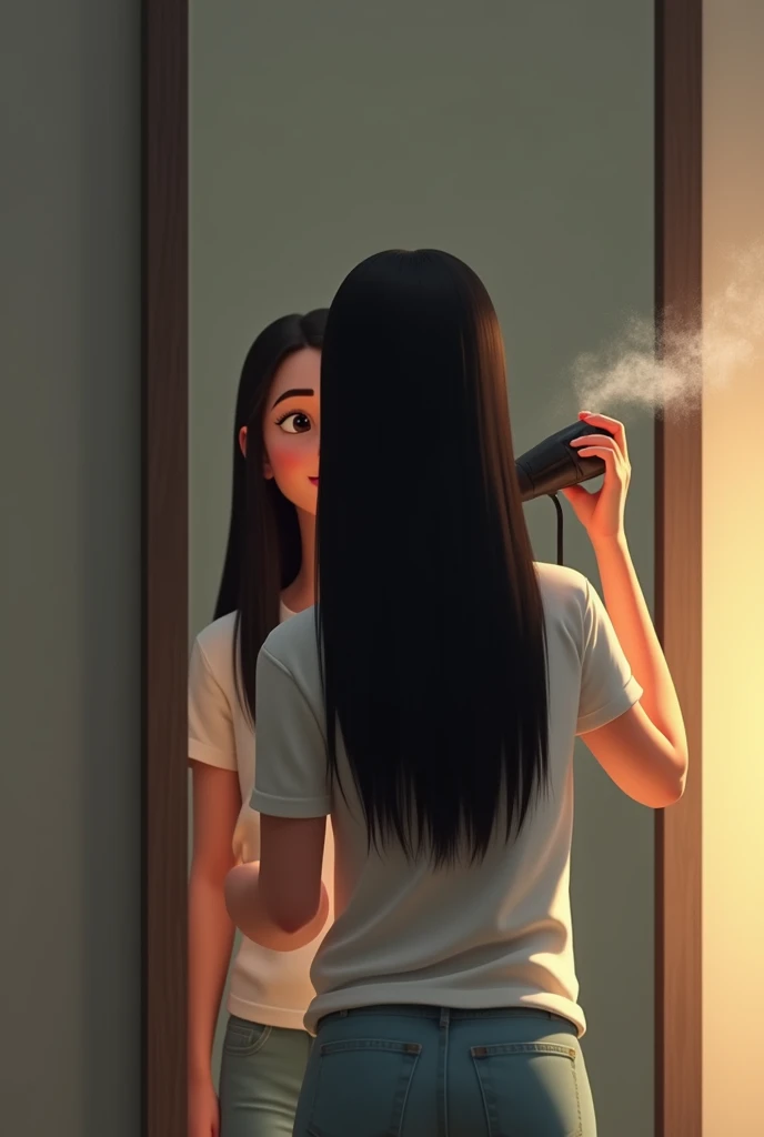 Girl in her 20’s, with very long straight black hair, wearing light grey cotton T-shirt and grey cotton shorts, blow drying her hair at grey hotel mirror. Pixar style 