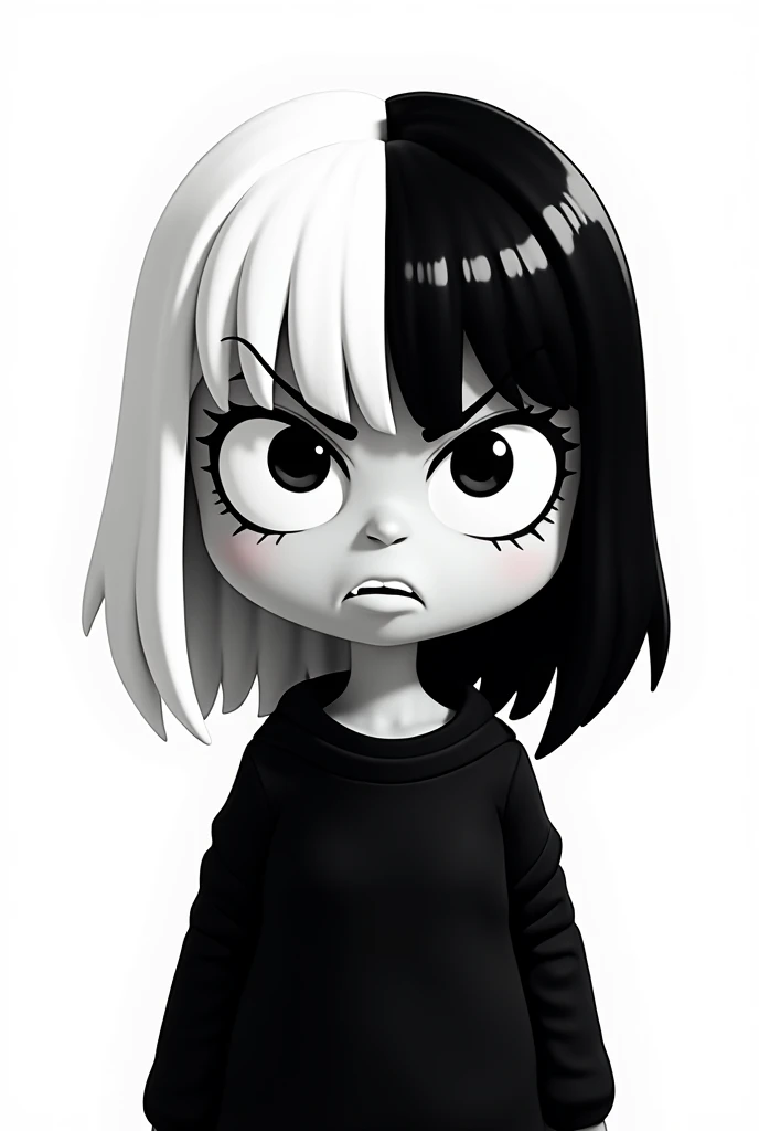 Female Cartoon Character Black and White Eyes and Half Black and Half White Hair Black Sweatshirt Angry White Background
