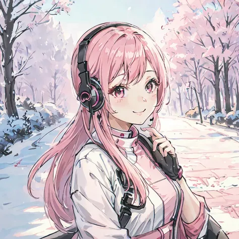 Futuristic clothing、No exposed skin、Headphones、Pink Hair、 (Moderate),beautiful、(Only one woman)、smile、Outdoor