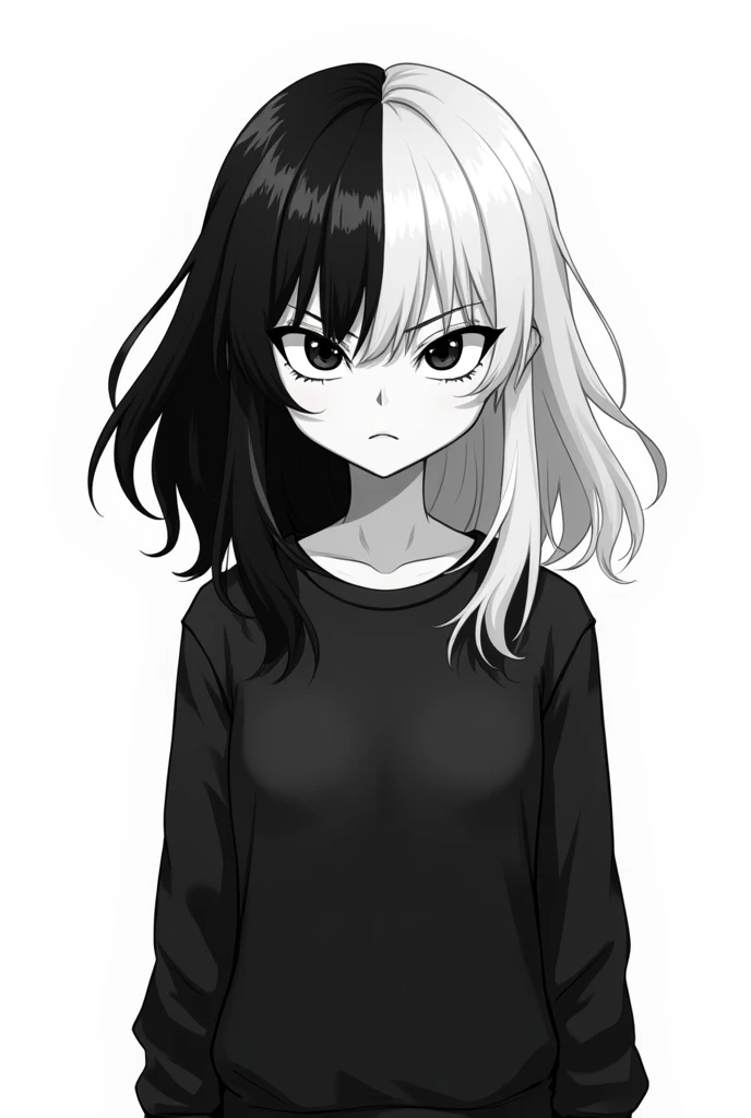 Female Cartoon Character Black and White Eyes and Half Black and Half White Hair Angry Black Sweatshirt White Background White Skin