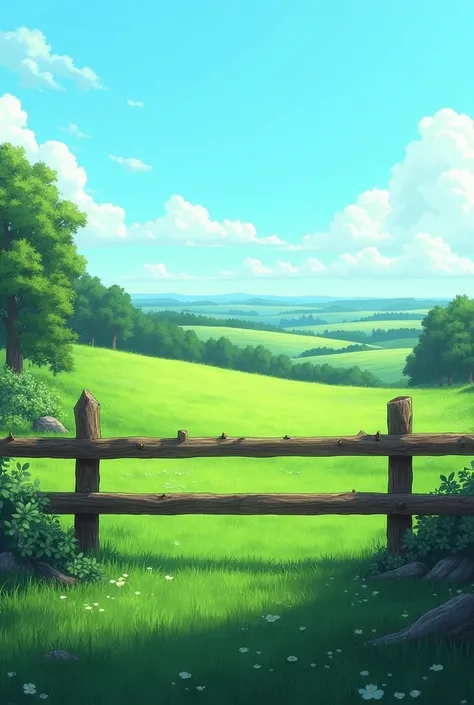 Lawn with farm fence in serious anime style