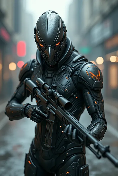 Create pure Sniper scene, In the center of the scene you can see a full-body futuristic cyber human sniper in a harpy eagle suit with many light indicators, Marvel superhero style with human face uncovered 