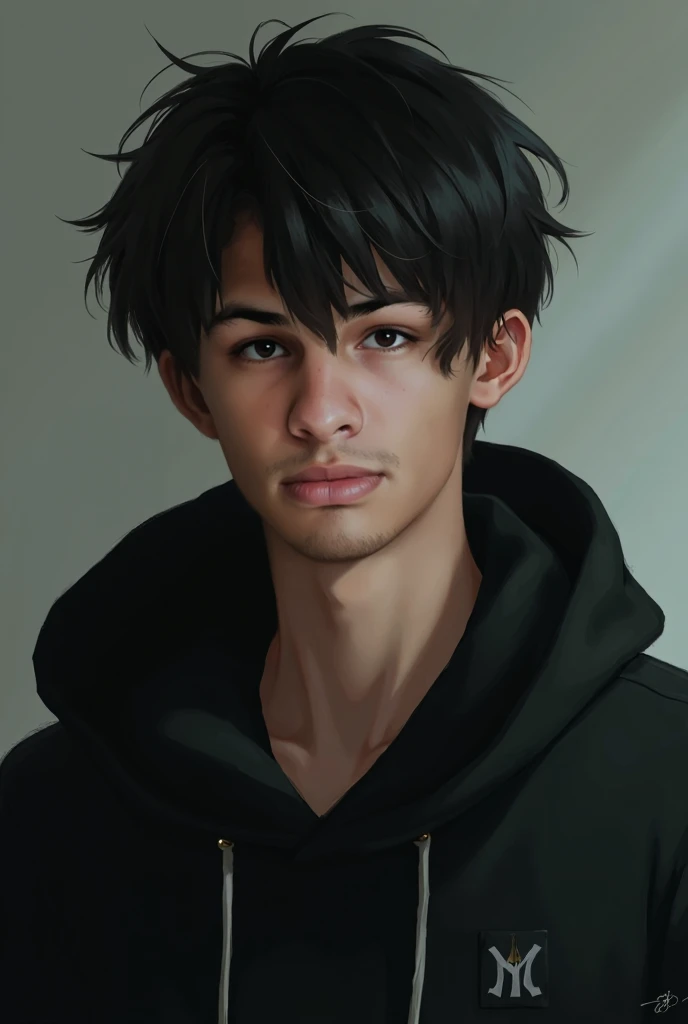 teenager man in black blouse and hoodie, dark hair realistic photo image