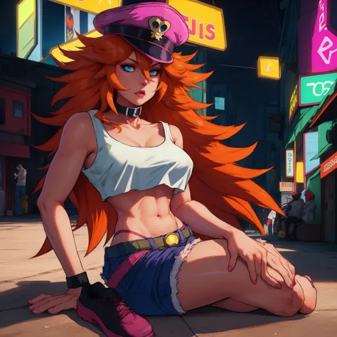 roxy,orange hair,blue eyes,long hair,white crop top,collar,short shorts, peaked cap, upper body,sitting on the floor, nice shoes...