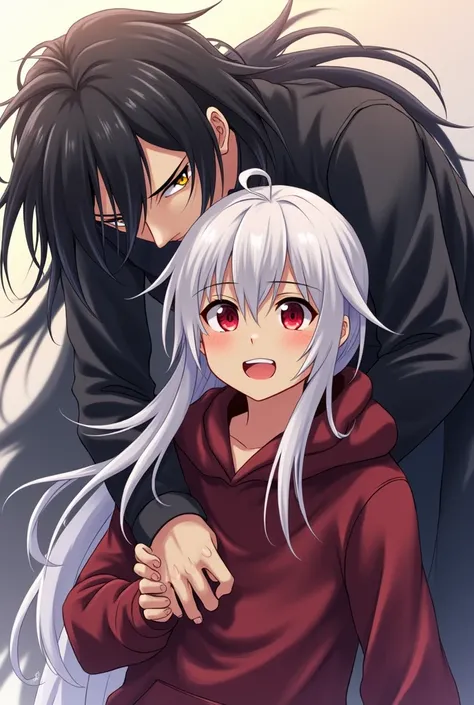 anime style, a cute albino boy with long white hair and red eyes wearing only a hoodie, being brutally fucked by a tall boy with long black hair