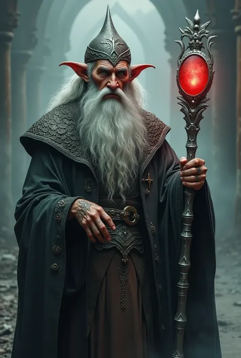 Make an old wizard with snake eyes, first olive. With a mitre on his head, thin, with scale tattoos on their cheeks. Machiavellian look, silver hair.  Similar to Thoth-Amon in the Conan the Barbarian comic book series.  A slightly alien countenance. Holdin...