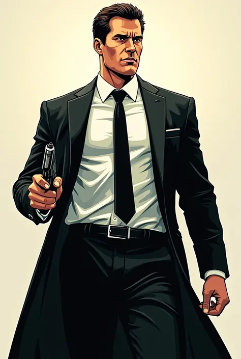 A 30 years American man wearing a white shirt with black ties,black coat,holding a pistol,comic style,cool pose