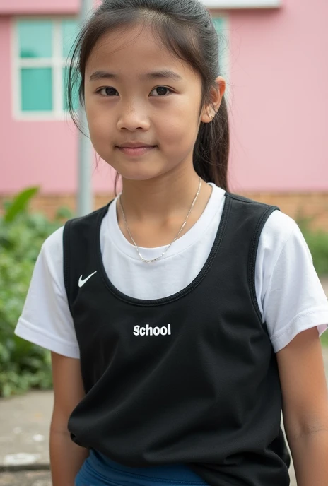 Realistic Photo Teenage girl Indonesian school sports t-shirt and blue ocean yoga pants sports School on school yard bench 